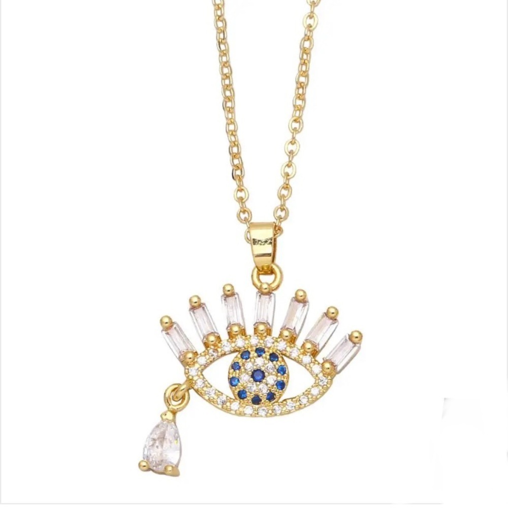 Gold Plated Evil Eye Necklace | CZ Charm | 19” Chain | New With Tags